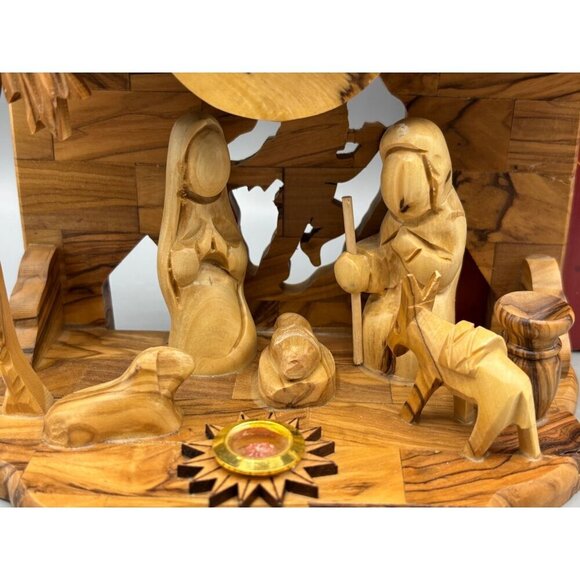 Handmade Olive Wood Nativity Set With‎ Stable  Figurines Bethlehem Music Box - Picture 3 of 11